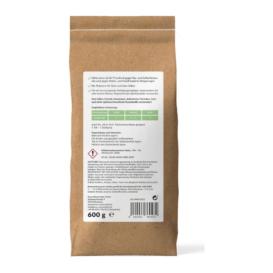 Kuno Tabletki do zmywarki Lemongrass – 120 szt. | Naturalne składniki | Bez folii PVA | Silne działanie czyszczące | Ekologiczne tabletki do zmywarki