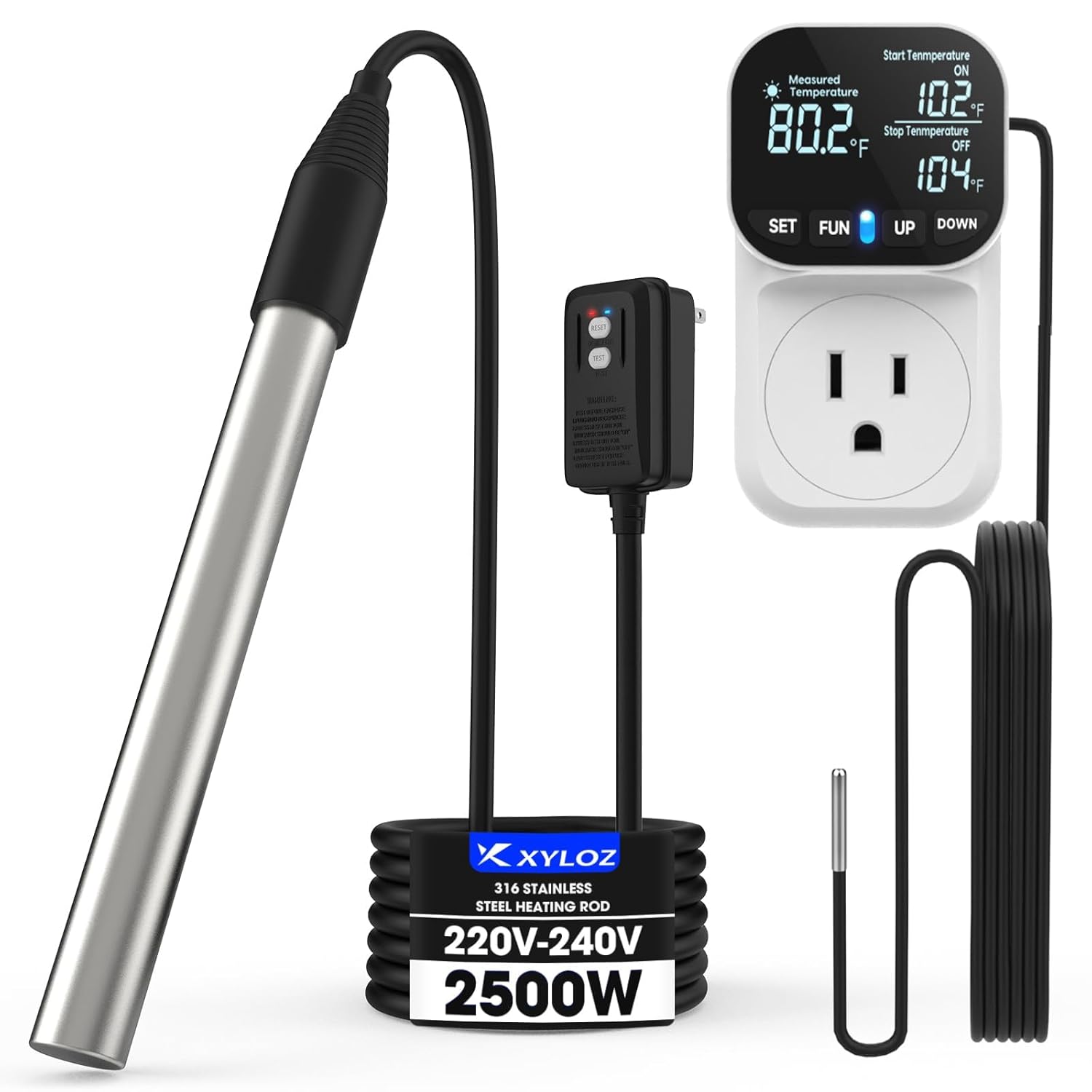 240V 2500W Portable Hot Tub heater, Immersion Water Heater with Thermostat & GFCI, Fully Submersible Bathtub Heater for Hot Tub, Bathtub, Sink, Washbasin, Swimming Pool, Water Storage Tank, Bucket