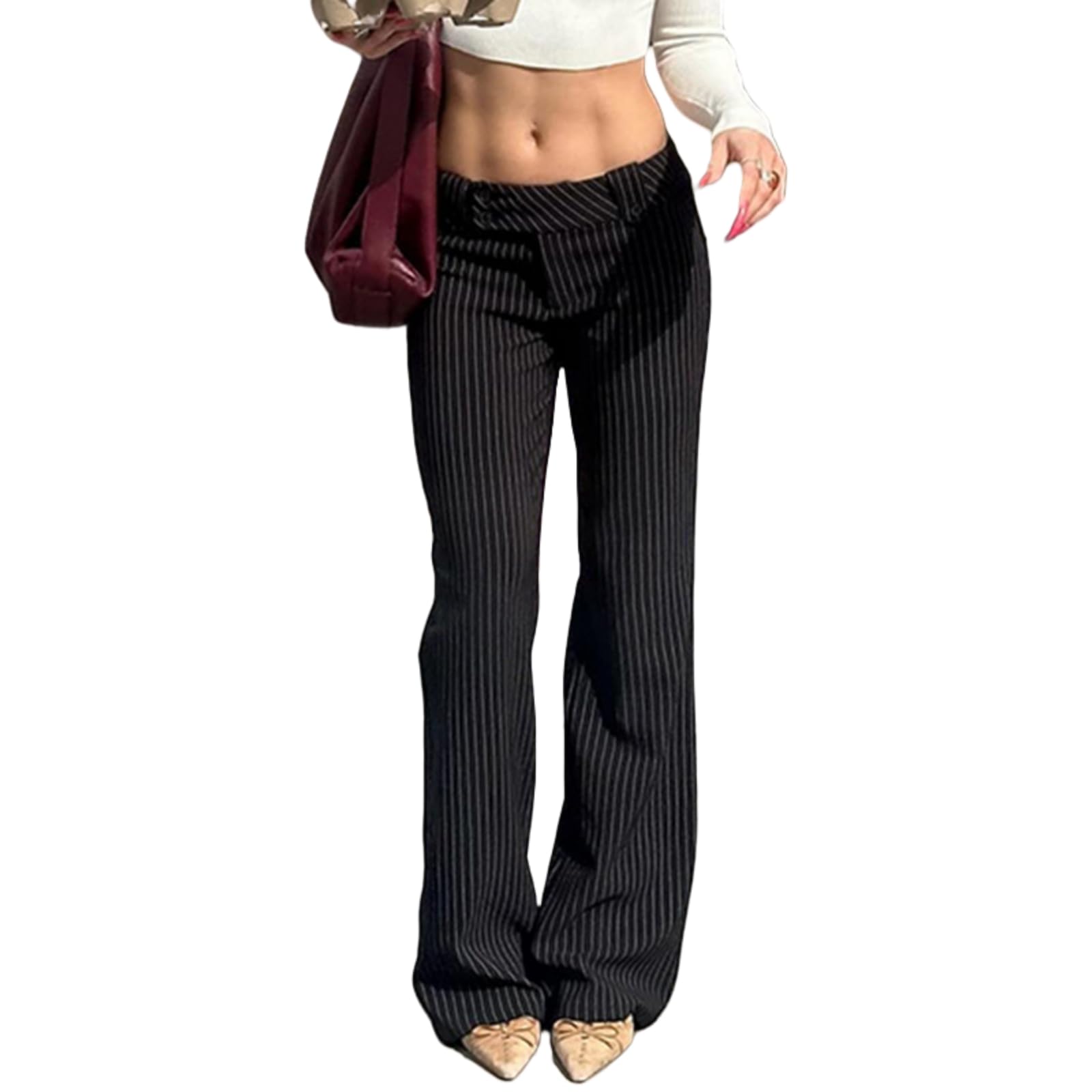 Womens American Street Style Striped Flared Casual Trousers Low-Rise Slim Regular Long Pants