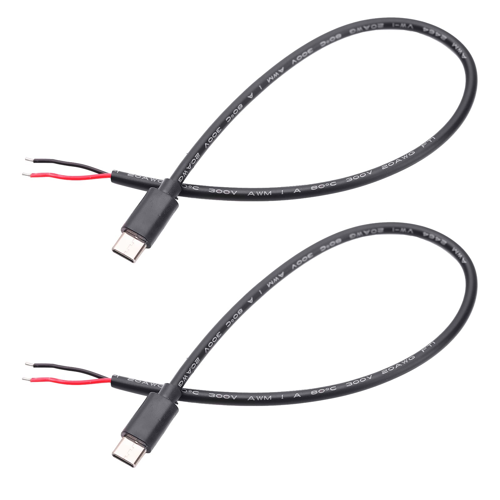 Jienk 2PCS 1FT 20AWG USB Type-C 2 Core Pigtail Cable, 3A 5V USB-C Male Plug to 2Pin Bare Wire Open End Cable for DIY Repair(0.3m)