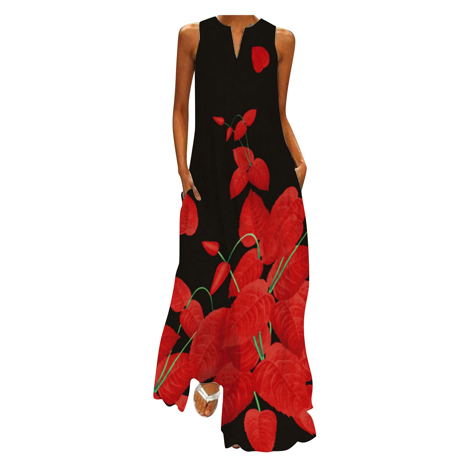 JUNGE Vestido Mujer,Vestido De Fiesta,Vestido De Verano,estido De Fiesta,Vestido Largo Sin Mangas con Cuello En V Y Estampado Sin Mangas para Mujer Vestido Camisero De Fiesta De Verano con Bolsillos