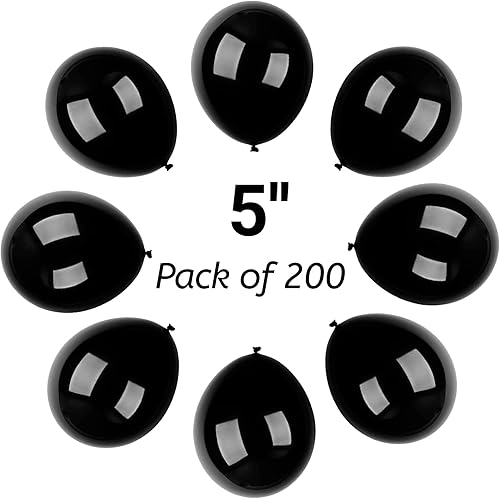 Miniatura 3 de 200 globos negros de látex negro mate de 5 pulgadas con 2 rollos de cinta, pequeños globos de fiesta negros para cumpleaños, bodas, Halloween,