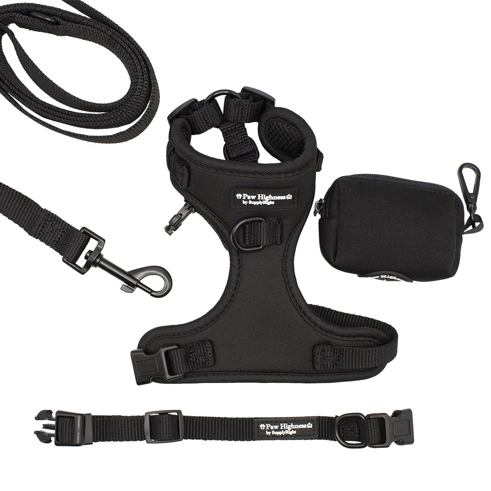 Paw Highness Dog Walking Harness, Collar, Leash & Poo Bag Holder Set in Black Extra Small