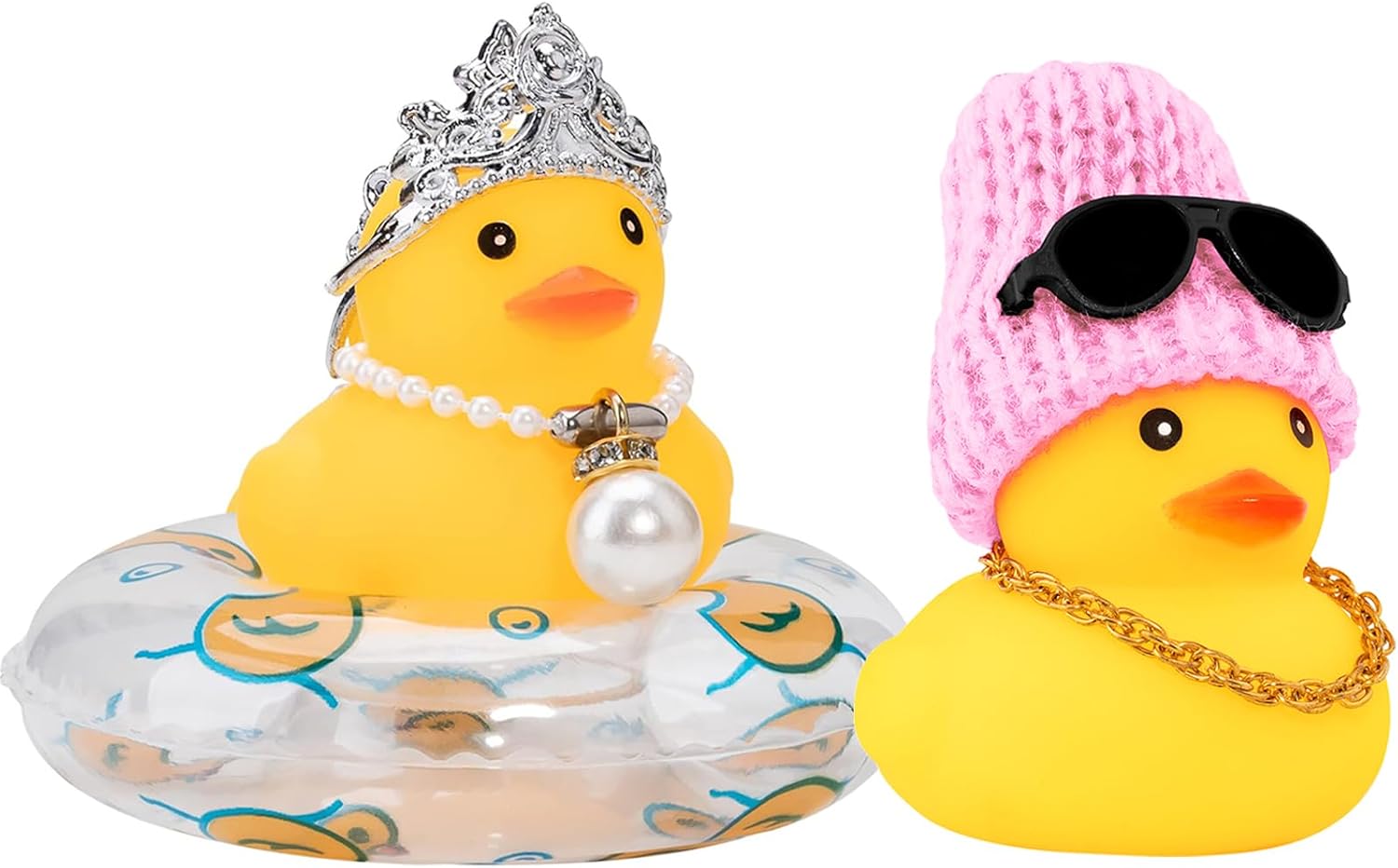 wonuu Pack of 2 Rubber Ducks, Queen Crown Pearl Duck and Pink Knitter Cap Duck, Surprising Birthday Gift Unique Table Decor Tiktok Duck Car Decor Dashboard Decorations