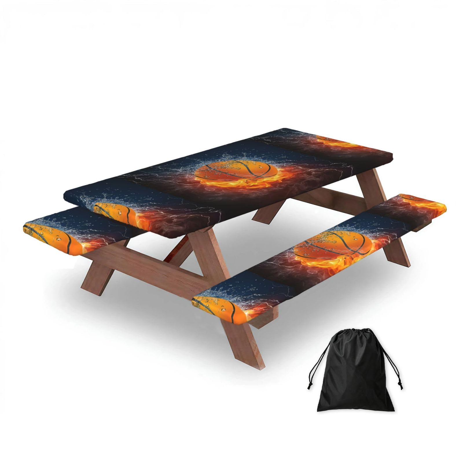 Basketball In Water And Fire, Picnic Table Cover With Bench Covers -Waterproof Elastic Fitted Tablecloth for Garden Camping Patio 76x152cm