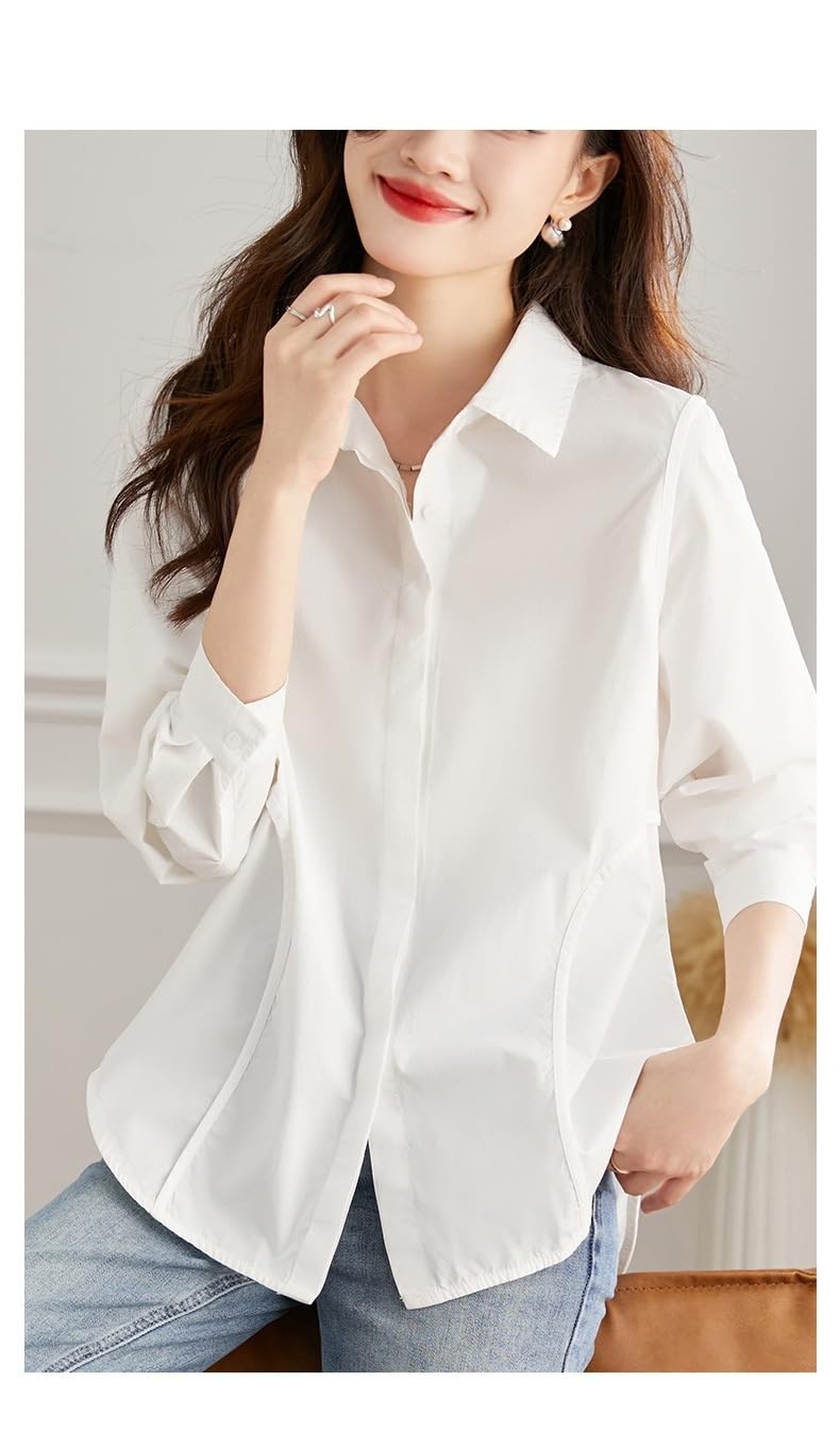 Camisas De Manga Larga De Algodón para Mujer, Blusa Tipo Túnica con Solapa Blanca con Botones Y Retazos, Blusa Informal Holgada De Verano para Uso Diario En La Oficina, Blusas Elegantes.