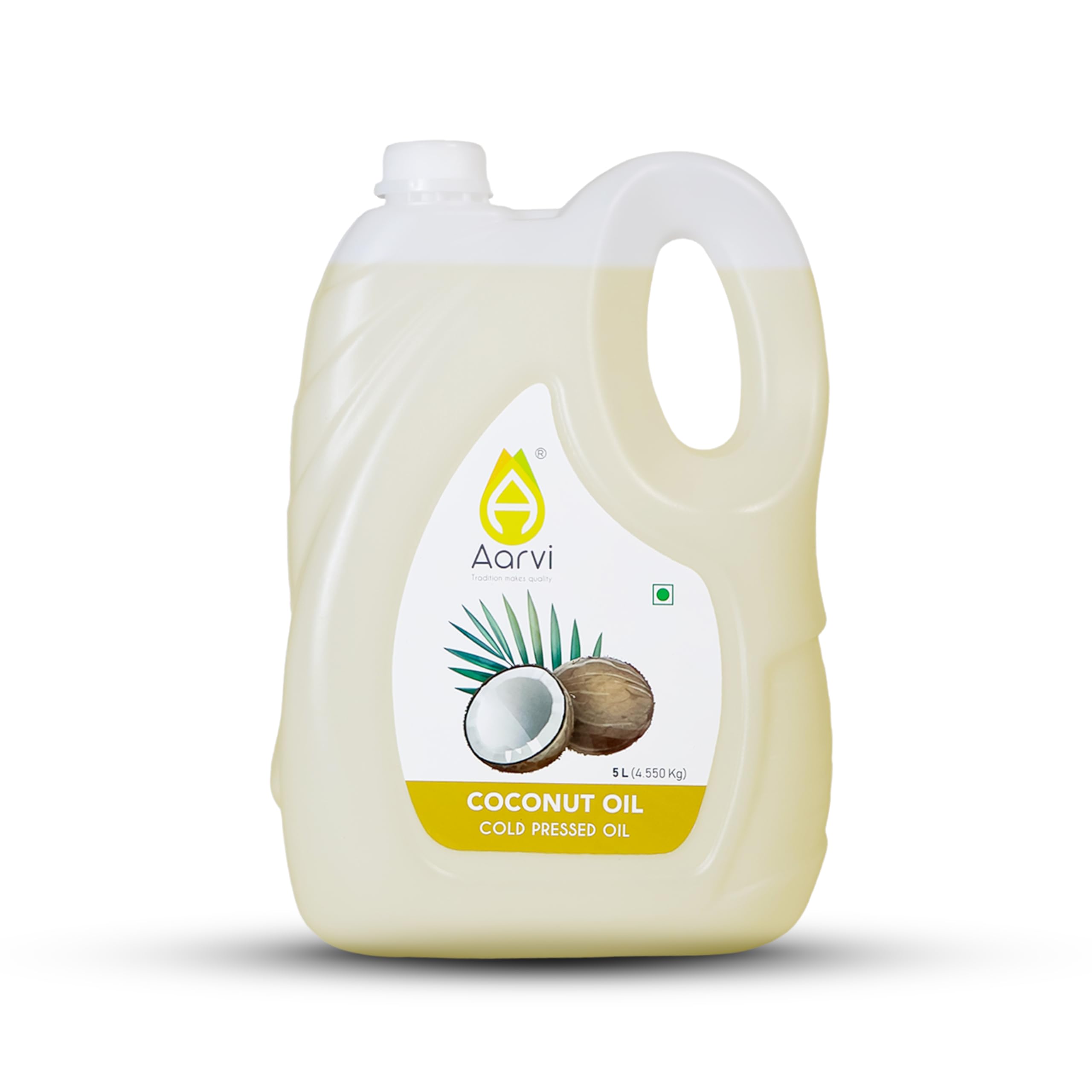 AARVI Cold Pressed Coconut Oil 5 Litre | 100% Pure & Natural | Coconut Oil for Hair Growth, Skin Care & Baby Massage | Non-Sticky | Glass Bottle
