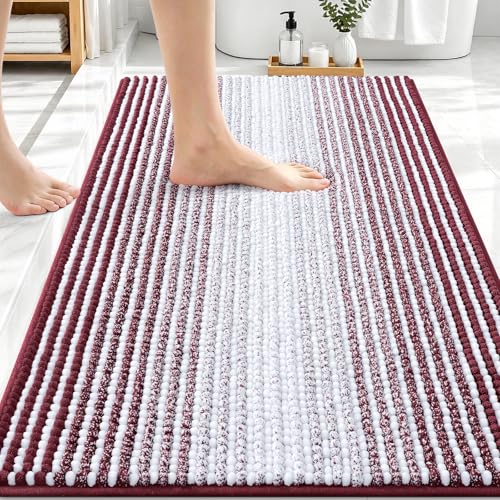 Image of OLANLY Bathroom Rugs 30x20, Extra Soft Absorbent Chenille Striped Bath Rugs, Rubber Backing, Machine Wash Dry, Bath Mats for Bathroom Floor, Tub and Shower, Home Decor Accessories, Burgundy