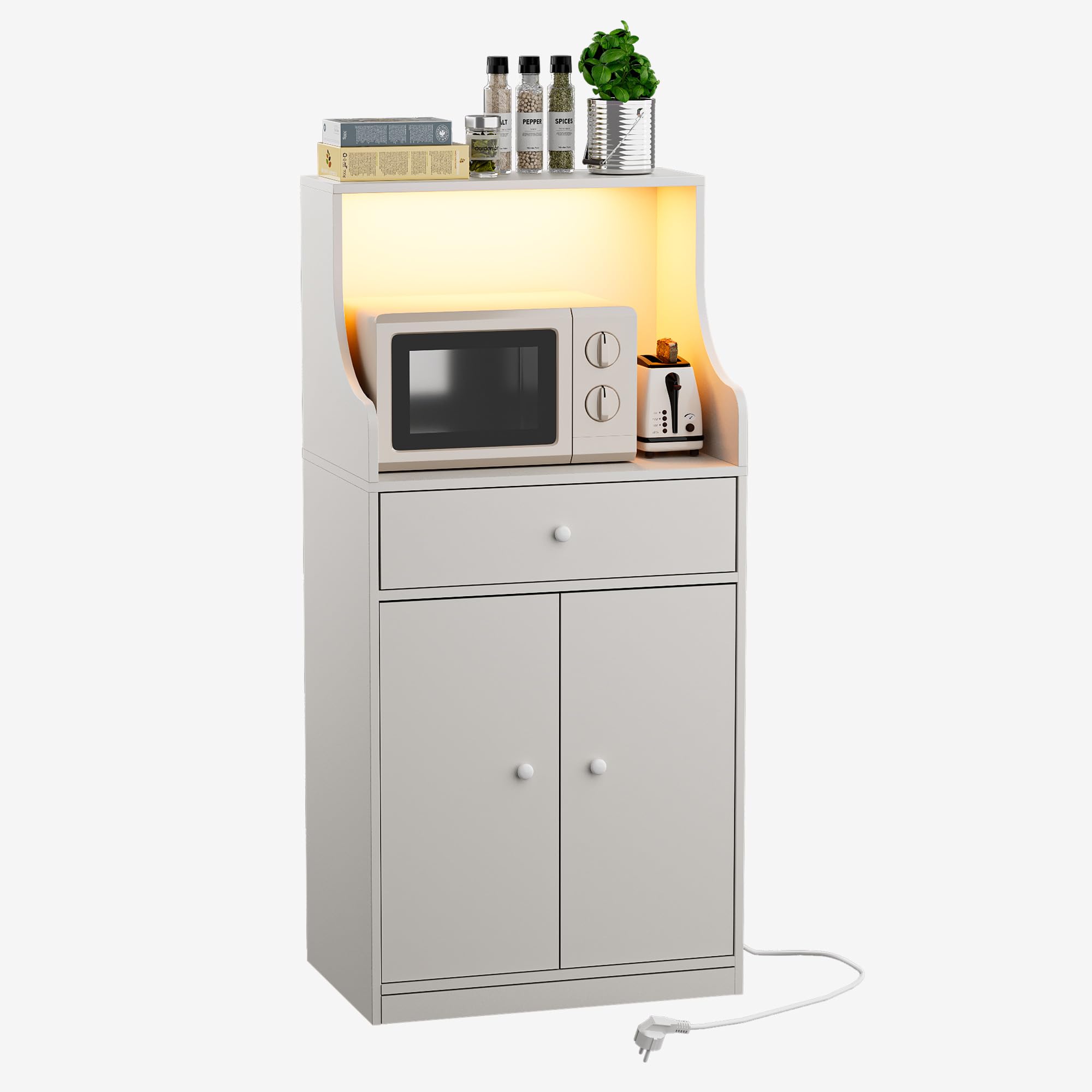 Küchen Möbel Küchenschrank Buffetschrank mit Steckdose und LED-Lichtleiste Küche Sideboard mit 1 Schubladen 1 Großer Schrank und Mikrowellenregal 60x 40x123 cm Anrichte für Esszimmer, Wohnzimmer Weiß