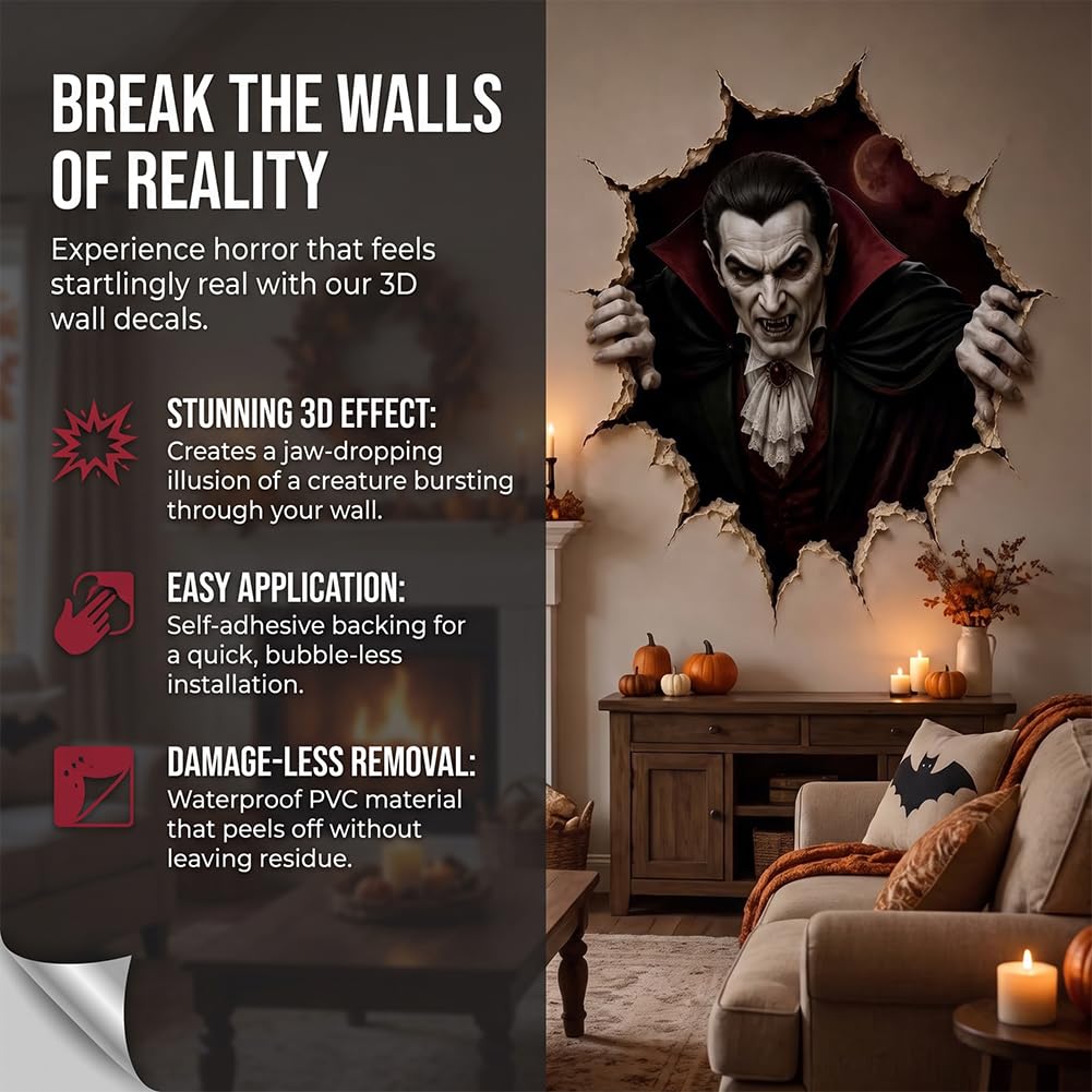 Halloween Break-in 3D Wall Decals, 2027 New Halloween Wall Stickers, 3D Illusion Effect, Spooky Home Decor, Indoor Wall Sticker, Halloweens Theme，4pcs-F