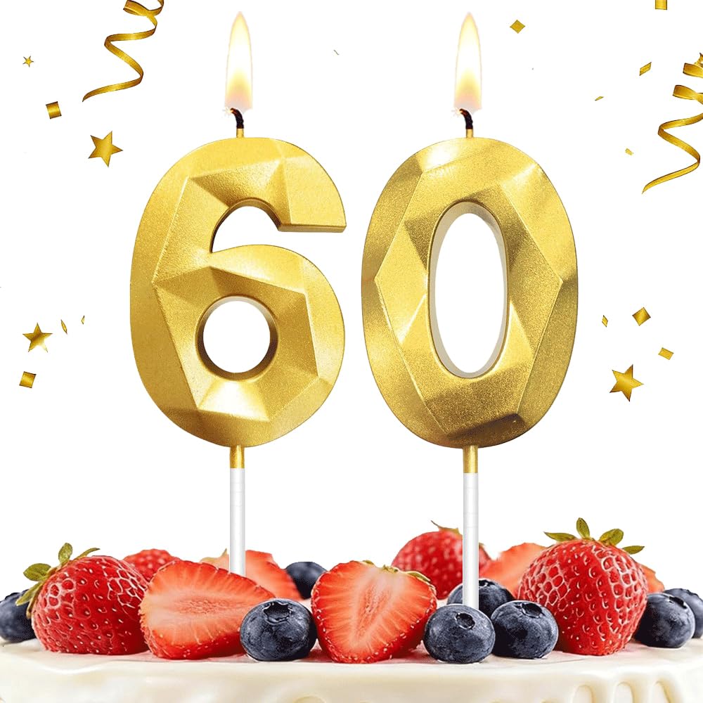 Hlwgfjdy Gold 60Th Birthday Candles Number 60 Cake Topper Happy Birthday Cake Decorations 3D Designed For 60Th Birthday Party, Candles For Birthday Anniversary Celebration Party Supplies