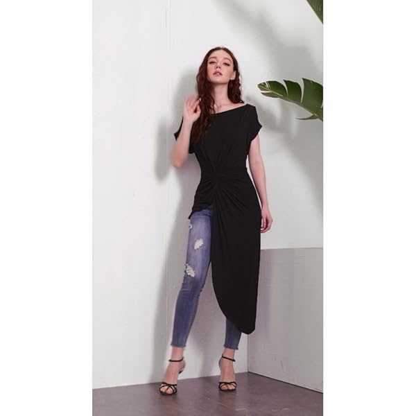 SheIn-Womens-Elegant-Asymmetrical-Twist-Front-Off-Shoulder-Top-Plain-High-Low-Blouse SheIn Women's Elegant Asymmetrical Twist Front Off Shoulder Top Plain High Low Blouse Black Large
