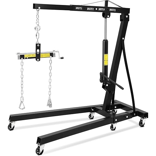 2 Ton Folding Engine Hoist with Lever, 4400 Lbs Hydraulic Shop Crane with 6 Swivel Casters, Adjustable Lifting Arm, Engine Lift Cherry Picker for Garage, Warehouse, Workshops, DIY Auto-Repairs, Black