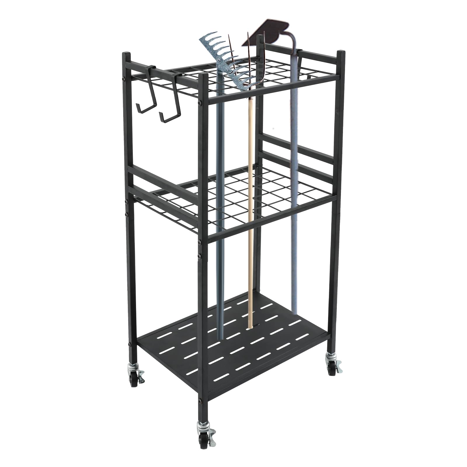 Organizer per attrezzi da giardino, carrello per attrezzi da giardino, supporto per pale, scope, portata fino a 30 kg, 35 scomparti e ganci, con 4 ruote, portautensili, per garage e giardino
