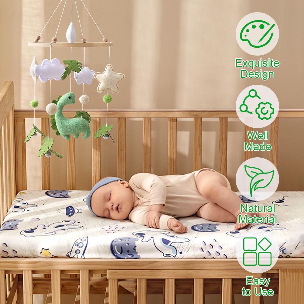 Giostrina Culla Neonato in Legno, con Feltro Dinosauri, Foglie, Nuvole e Stelle, Giostrina Neonato con Campanellino, Decorazioni per Cameretta, Regalo per Bambine o Bambini