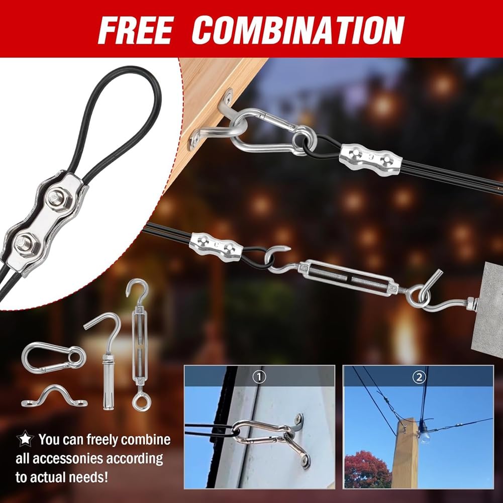 Set zum Aufhängen Von Lichterketten, Lichterkabel für Den Außenbereich, Set zum Aufhängen Von Lichterketten mit Kugeln, 200 Fuß Beschichtetes Kabel Aus Rostfreiem Stahl 304