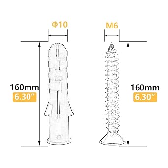10 Set Screw and Anchors Set M6x160 Screw with 10x160 Plastic Expander Anchor Screw Hole Fillers and Screw Galvanized Plated for Drywall Hollow Wall Concrete Ceiling Tile Wood (10-160mm,10set,M6x160)