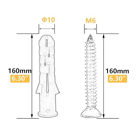 10 Set Screw and Anchors Set M6x160 Screw with 10x160 Plastic Expander Anchor Screw Hole Fillers and Screw Galvanized Plated for Drywall Hollow Wall Concrete Ceiling Tile Wood (10-160mm,10set,M6x160)
