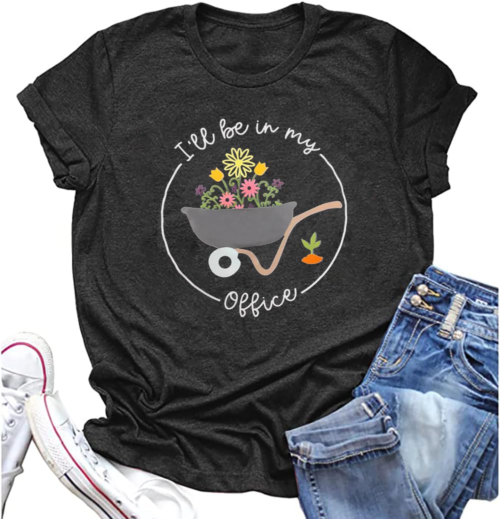 BINLANHANATWomen's I'll Be in My Office Gardening T-Shirt Plant Lady Letter Print Tees Funny Garden Lover Top Black Large