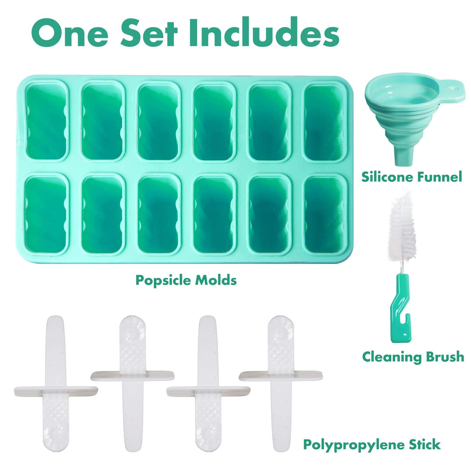 Molde de Silicona para Helados, Reutilizables y Libres de BPA, Incluyen un Cepillo de Limpieza y Embudo de Silicona Plegable, Fácil de Usar para Helados Caseros (12 Cavidades - Verde)