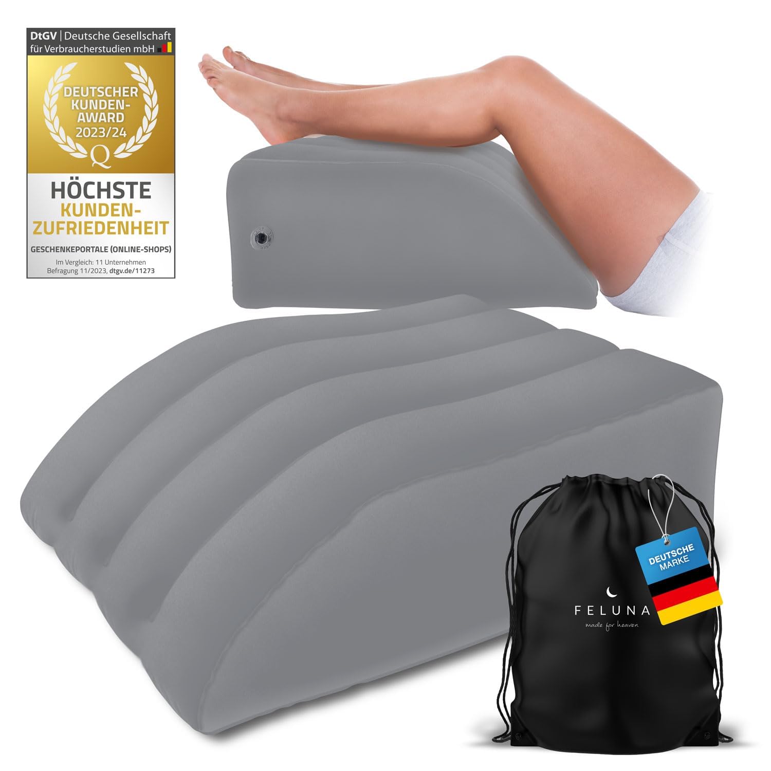 Feluna Ergo Keilkissen & Venen-Kissen zum Schlafen und Rückenentlasten; Orthopädisches Rückenentlastungskissen, Beinkissen & Beinstützkissen zur Linderung von Schmerzen und Heilung (Grau)
