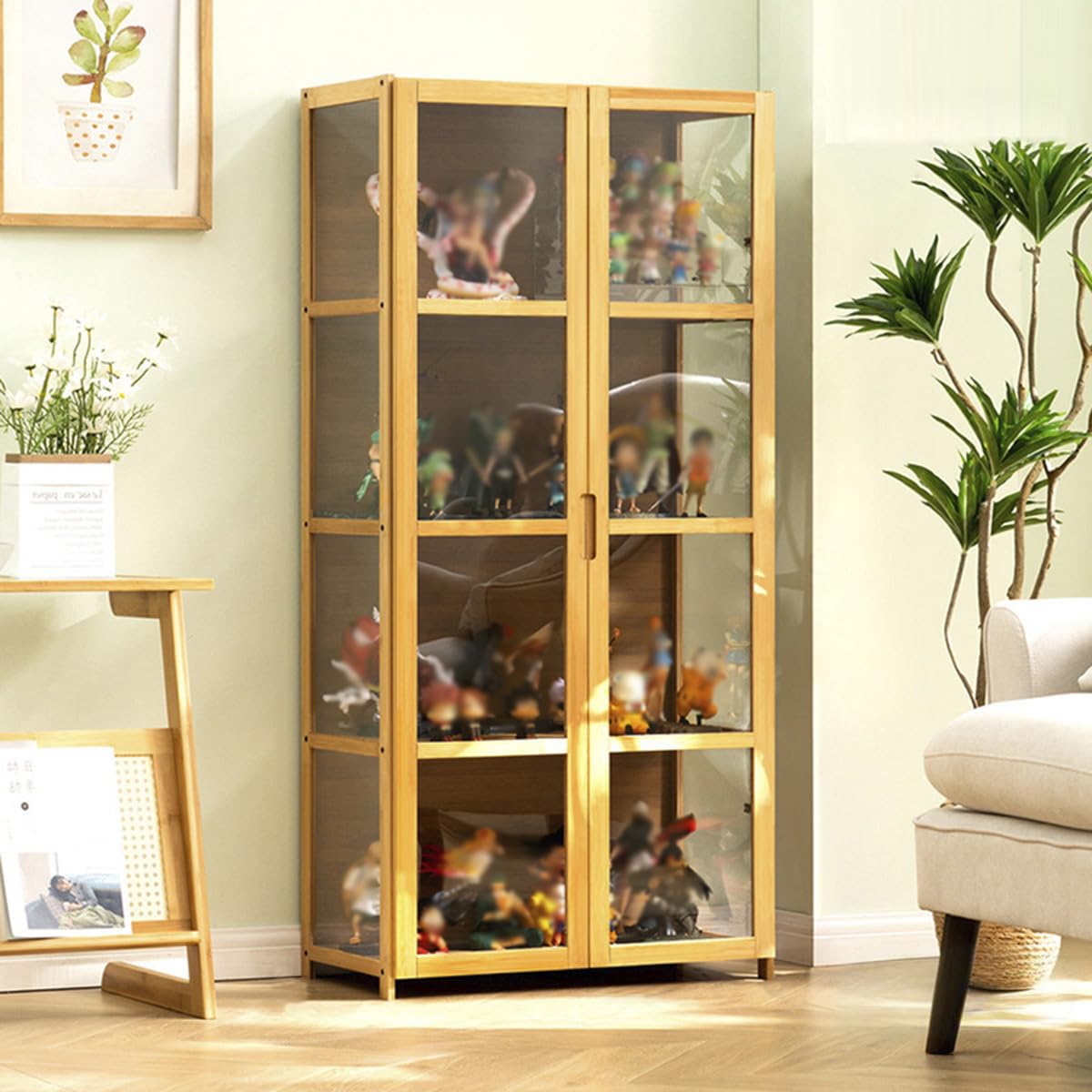 Vitrina acrílica con puertas dobles, vitrina de 4 niveles para coleccionables, estantes de madera transparente de 3 lados para Funko Pops, figuras de acción, modelos de coches
