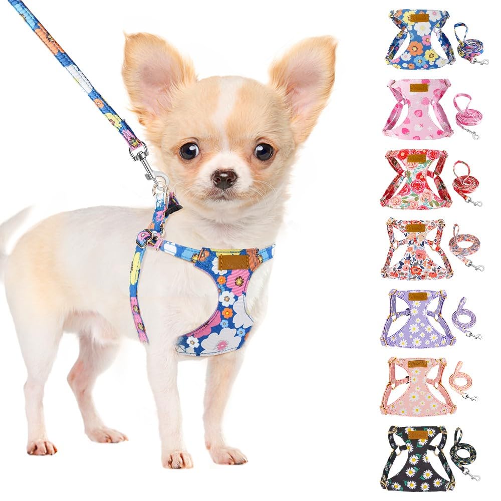 SlowTon Hundegeschirr mit Leine, No-Pull leichtes weiches Wildleder-Welpengeschirr mit Blumenmuster und Schnappschnalle, verstellbares Geschirr Hund für kleine und mittelgroße Hunde