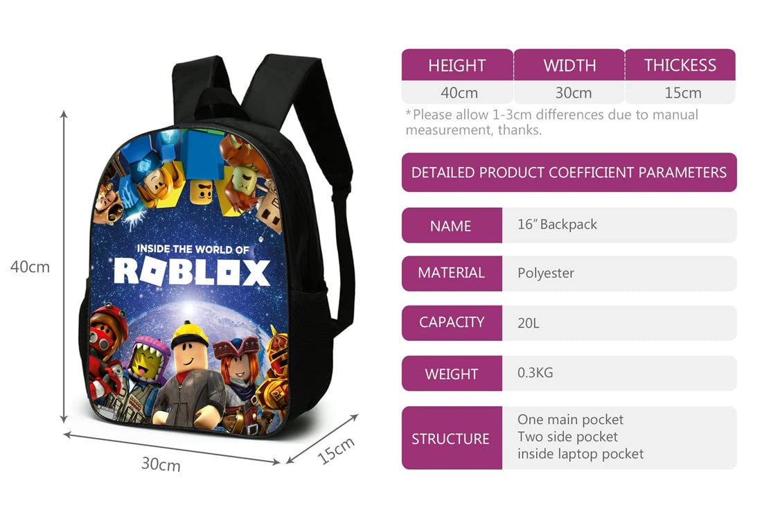 Chłopięcy plecak Roblox z pudełkiem na lunch i piórnikiem, dla dziewcząt studenckich torba na książki dla dzieci plecak szkolny plecak na laptopa dla nastolatków gra torba podróżna, Styl 3, 27*17*40,
