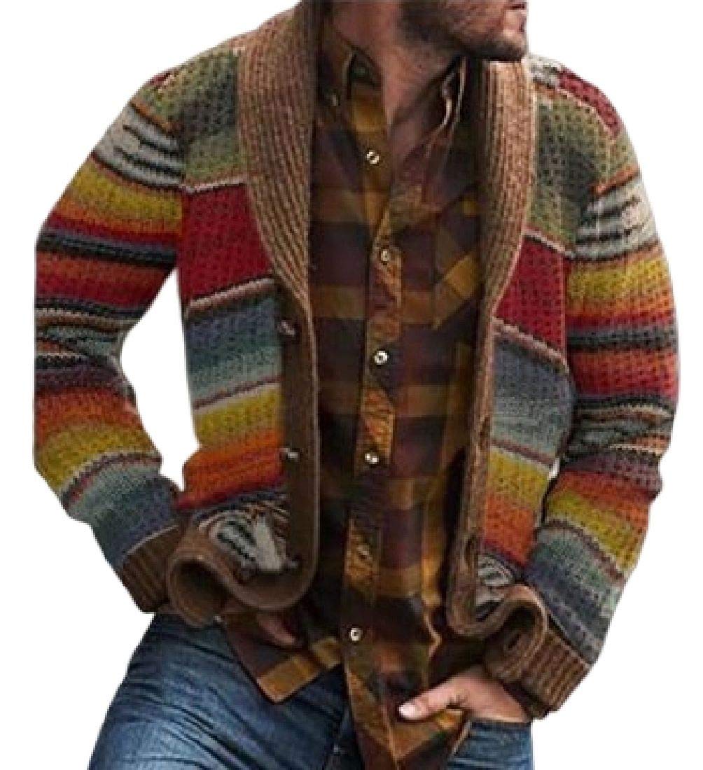 SELX MenBasic Color Block Knitwear Slim Striped Button Up Cardigan Sweater Khaki M