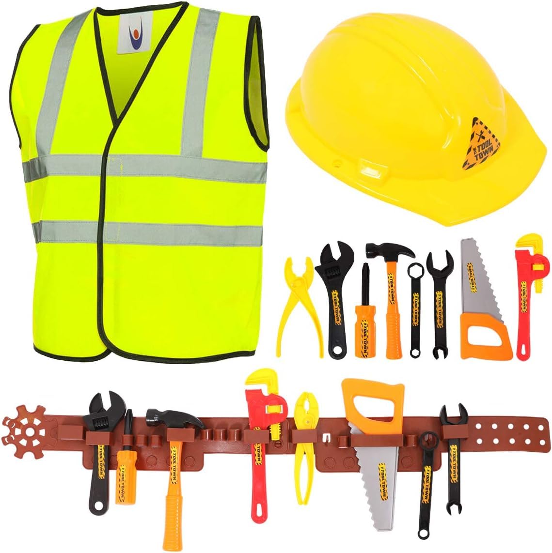 Kit de Herramientas de Juguete para niños, 11 Piezas para Constructor con cinturón de Herramientas (10 Herramientas únicas) – Disfraz de obrero de construcción para niños y niñas (Mediano)