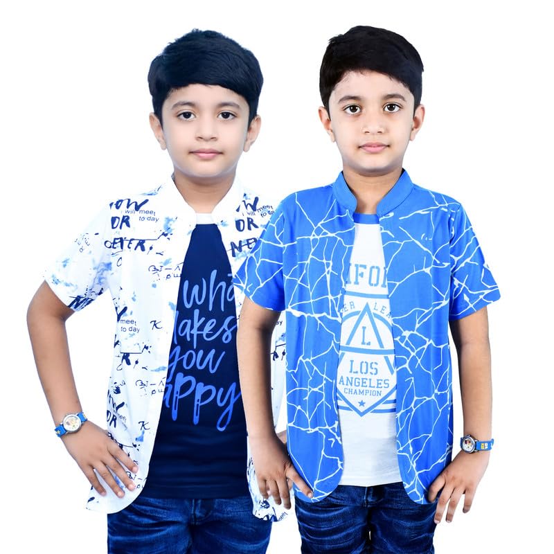 Image of Jam & Sugar Boys Cotton Printed T-Shirt with Attached Shrug Jacket - Half Sleeves