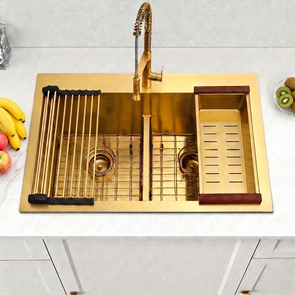 LQS Gold Kitchen Sink 33x22, 33 x 22 Drop in Kitchen Sink, Stainless Steel 50/50 Double Bowl Sinks, Handmade Deep Large 16 Gauge Stainless Steel Material