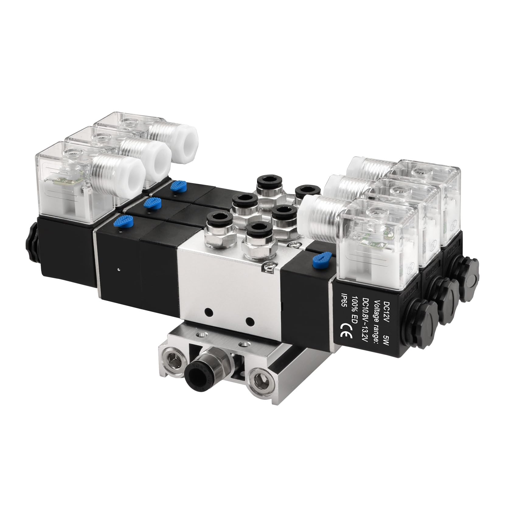 Heschen Elektrisches Pneumatisches Dreifach-Magnetventil, 4V230C-08, 12VDC, PT1/4, 5-Wege-3 Positionen, Krümmerbasis, Schalldämpfer, Schnellbefestigungsset, CE