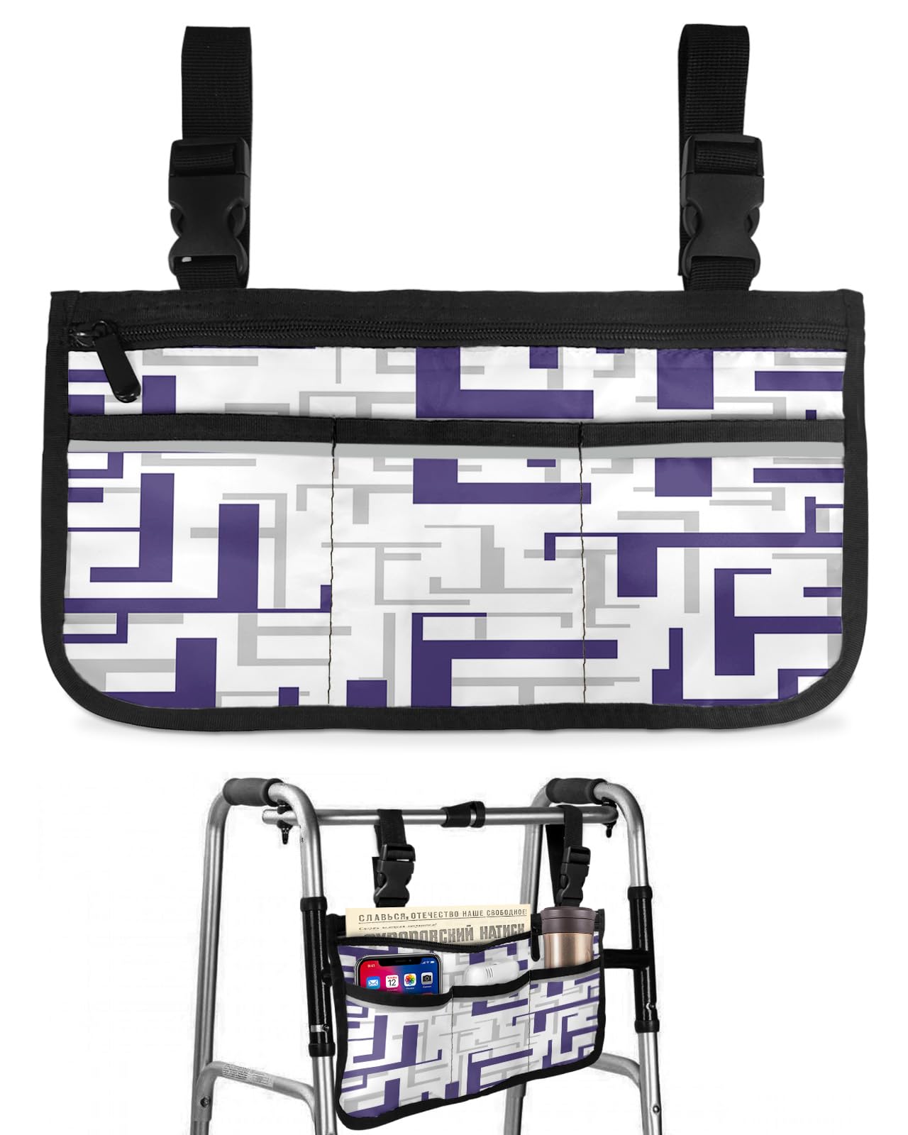 Purple Grey Geometric Wheelchair Side Bag Walker Bag, Middle Century Modern Abstract Art Wheelchair Accessories Armrest Pouch, Organizer Storage Bag for Walkers, Rollators, Scooters, 7.3''x13''