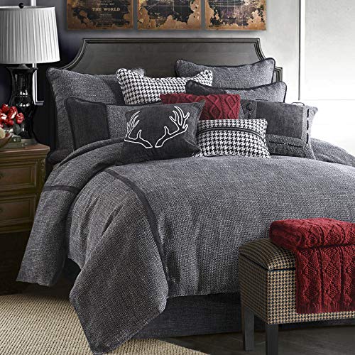HiEnd Accents Hamilton 4 Piece Comforter Set, Black and White Tweed Bed Set, Super King Size, Rustic Cabin Lodge Luxury Bedding Set, 1 Comforter, 1 Bed Skirt, 2 Pillow Shams