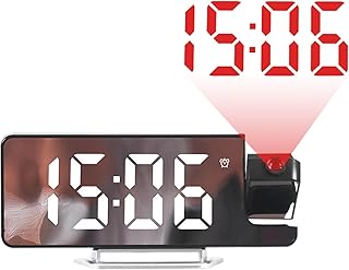 Ruhnjyg Reloj despertador con proyector, reloj despertador de techo, 12/24 horas de atenuación automática, pantalla LED para dormitorio, dormitorio infantil, aula al aire libre