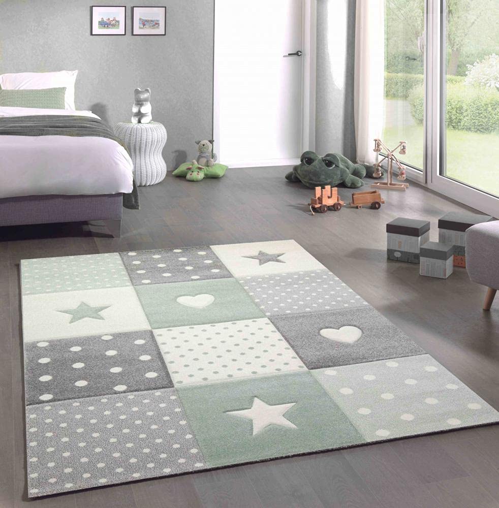 CARPETIA Tapis de Jeu Chambre Enfant Pois Étoiles Cœurs en Vert Gris crème - très résistant & antisalissure Größe 160x230 cm
