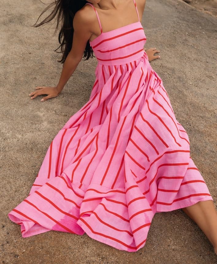 Image of NUFIWI Women Summer Striped Maxi Dress Spaghetti Strap Cutout Ruffle Long Dress Flowy Swing Beach Vocation Dress