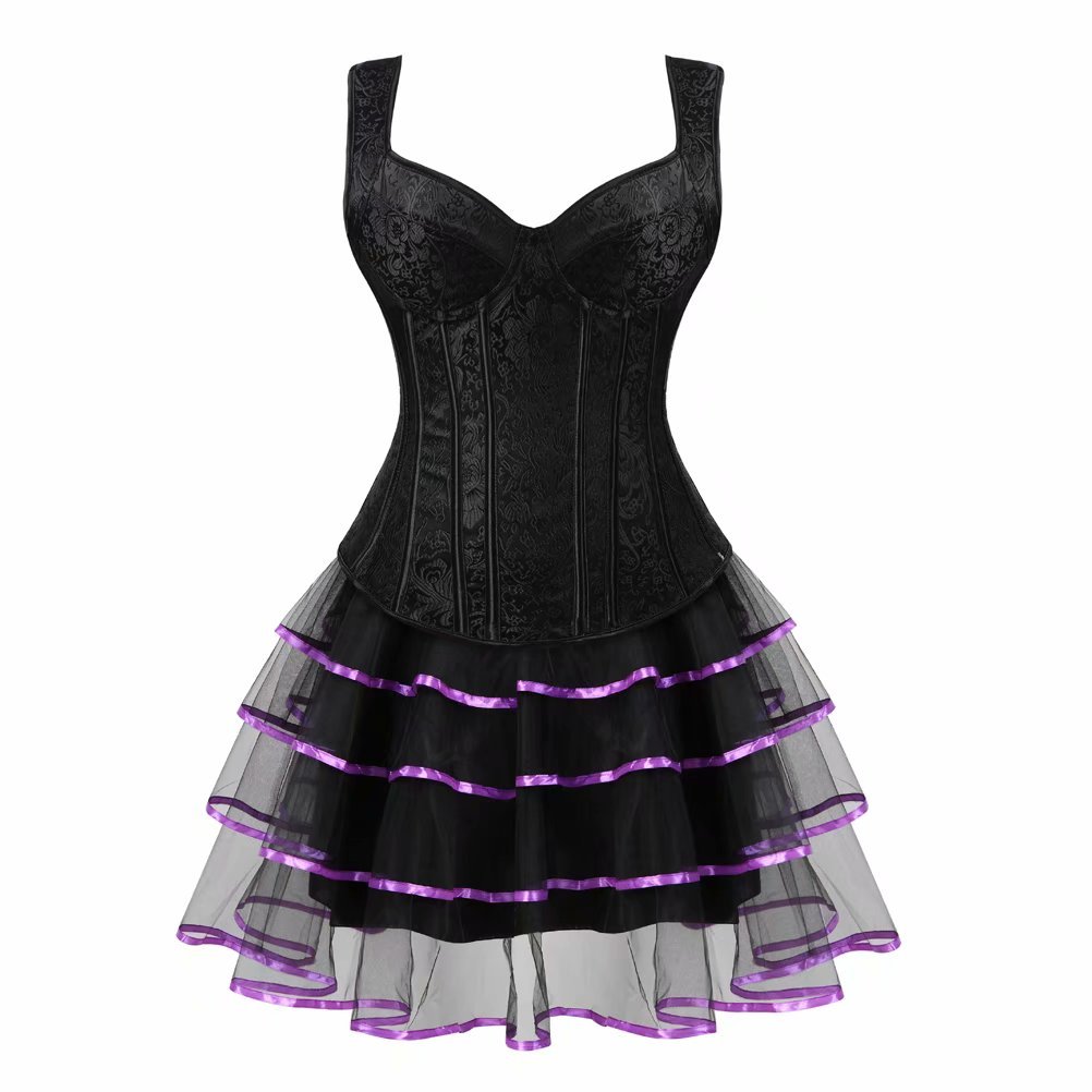 Josamogre Women's Blackpurple Corset Skirt Dress Burlesque Dress Bustier Straps Halloween Black Purple M