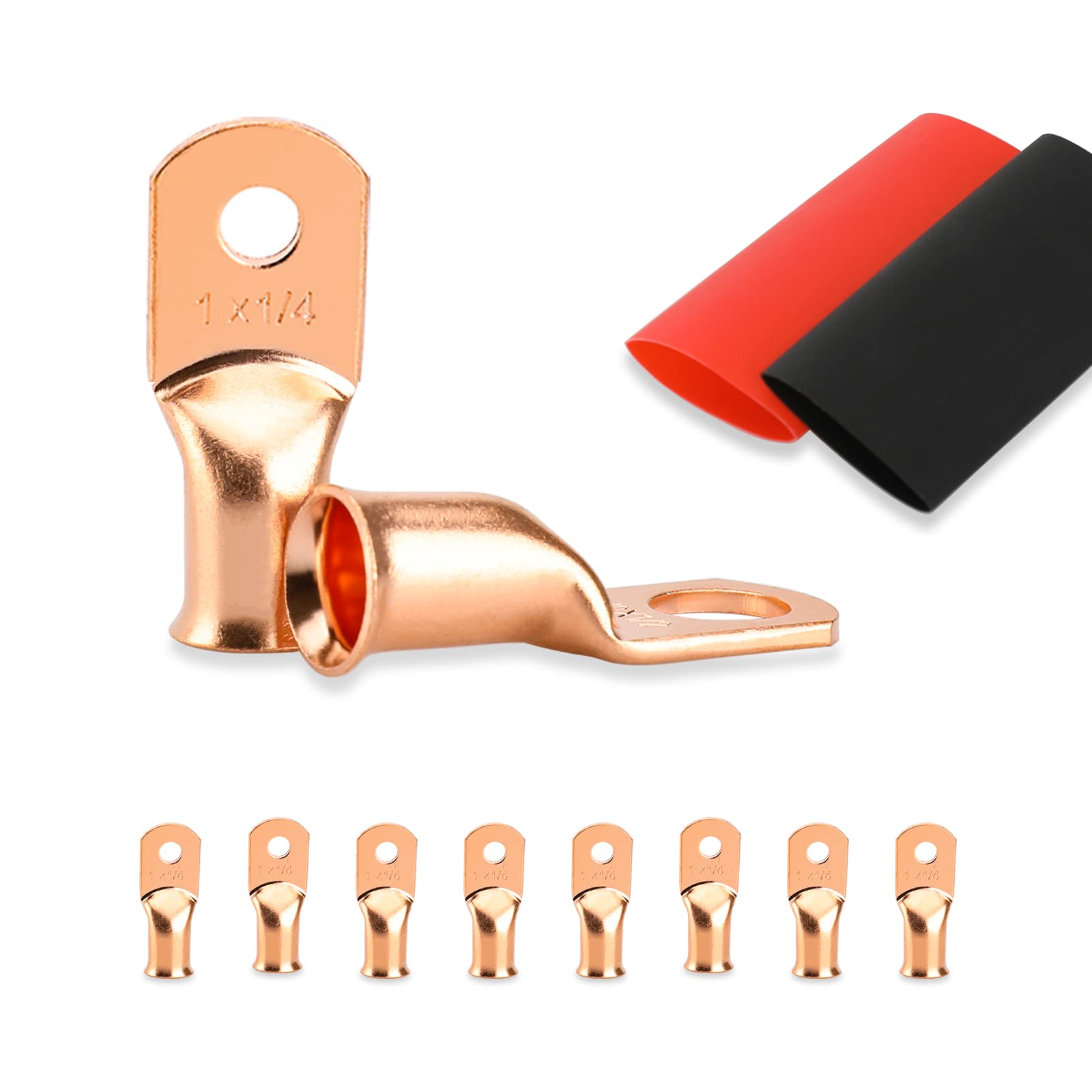 8PCS Battery Cable Ends, 1 Gauge Wire Connectors 1/4 Copper Wire Lugs, Bare Copper Eyelets with Heat Shrink Tubing by HOUSUN