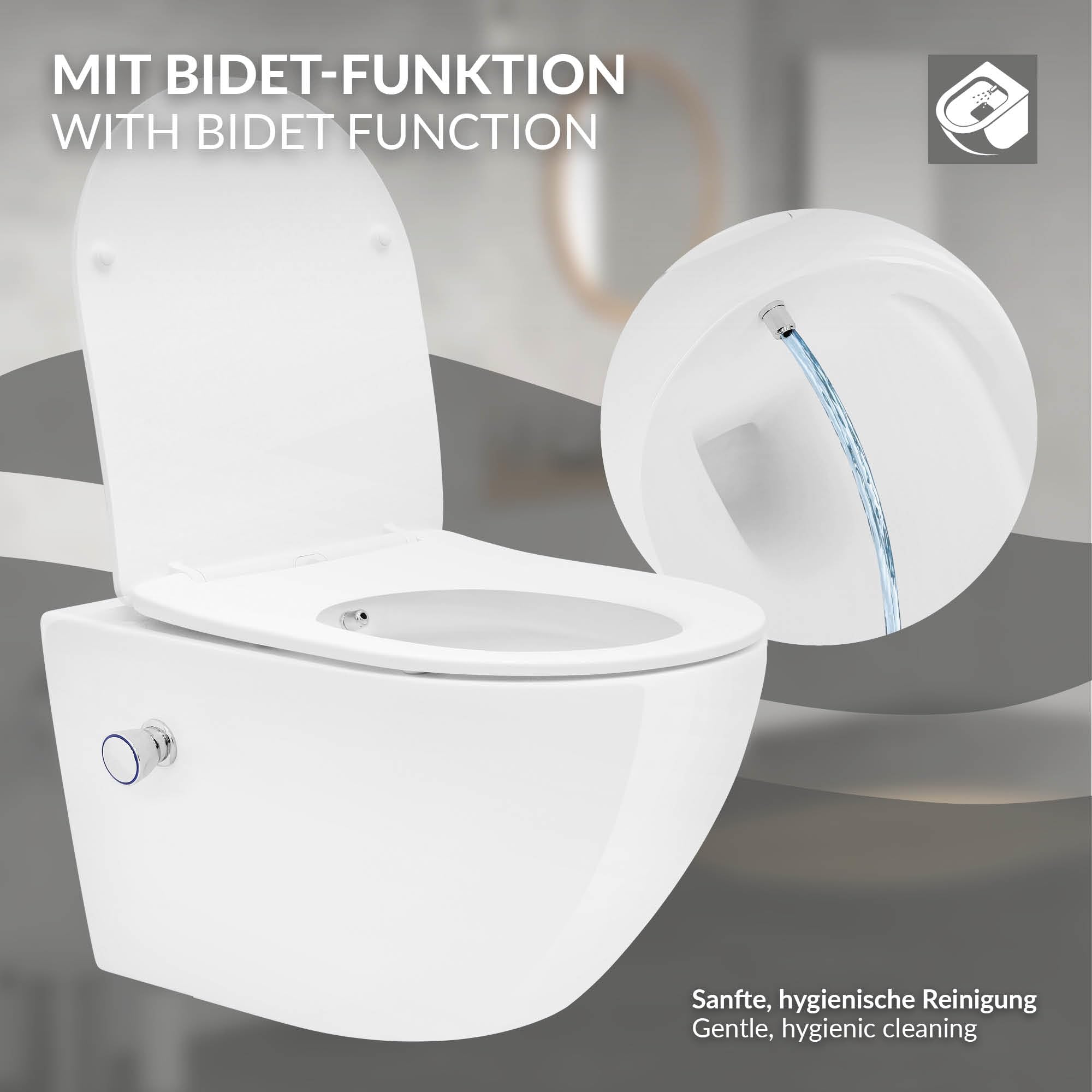 LuxeBath WC Suspendu sans Rebord Fonction Bidet, Blanc, en Céramique, à Chasse d'Eau Profonde Tornado, Long 54 cm, avec Couvercle Softclose, Cuvette Murale Brillante Abattant à Fermeture Automatique