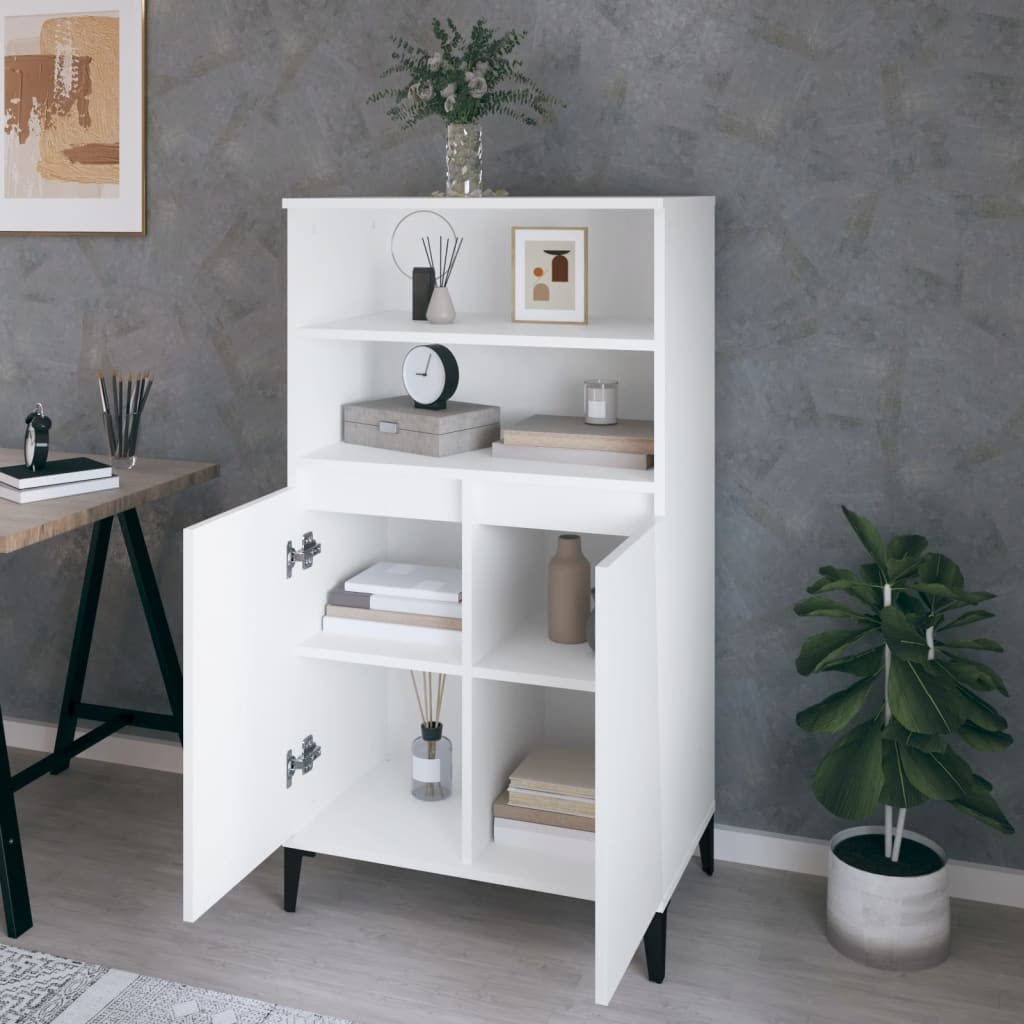 Armadietto alto, bianco, 60 x 36 x 110 cm, in legno con piedini in metallo, per soggiorno, corridoio, sala da pranzo, robusta cassettiera con ante, ripiani, ideale per armadi da soggiorno