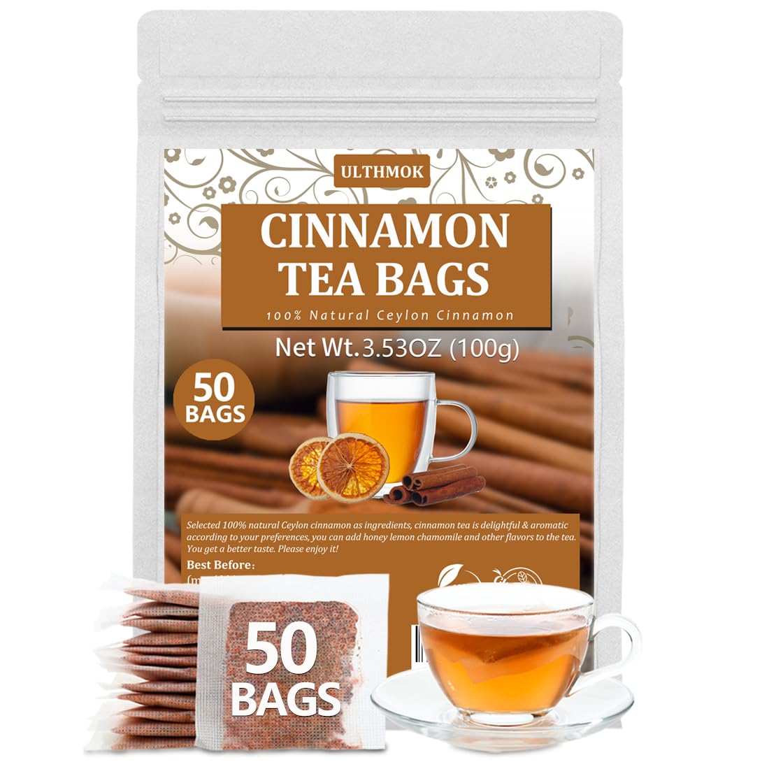 Premium 50 Pure Ceylon Cinnamon Tea Bags, Made with 100% Ceylon Cinnamon Sticks, No Additives & Caffeine Free.