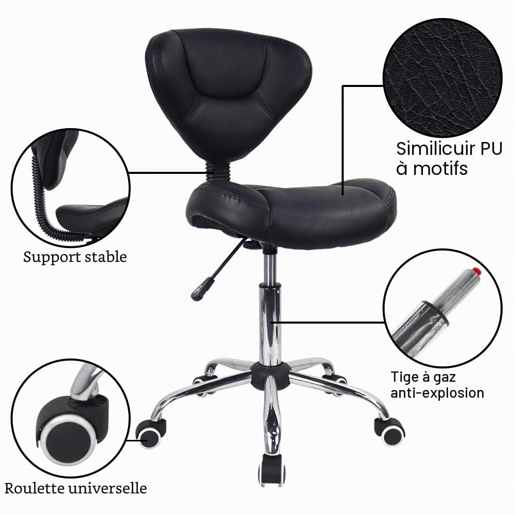 WKWKER Tabouret Roulant Ergonomique avec Coussin épais en Cuir PU Tabouret Pivotant à Hauteur Réglable pour Le Travail Spa Salon De Tatouage avec Dossier (Noir)