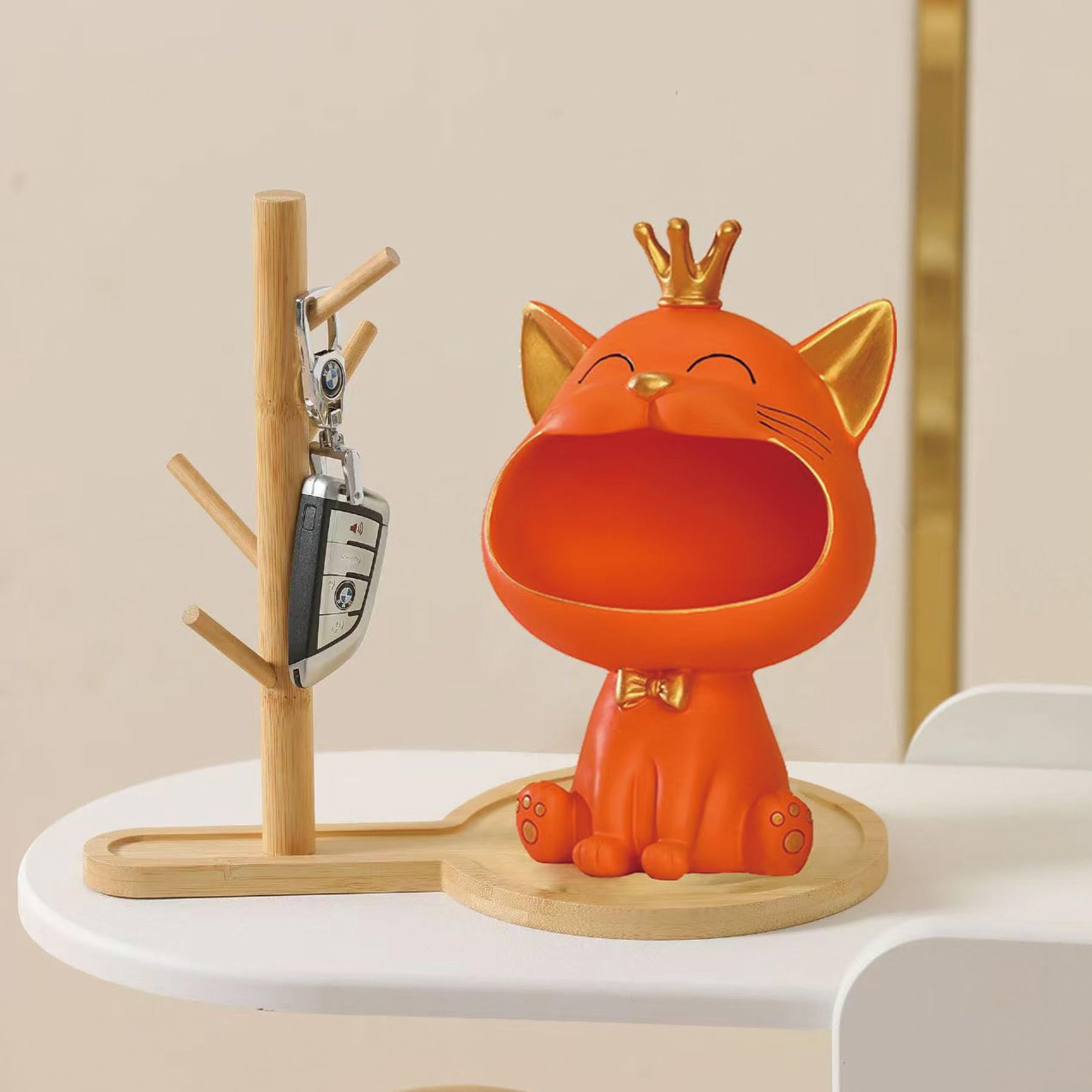 Statua di gatto che ride, scatola di immagazzinaggio di gatto fortunato, scultura felino, regalo per soggiorno, casa, corridoio, mobili (arancione)