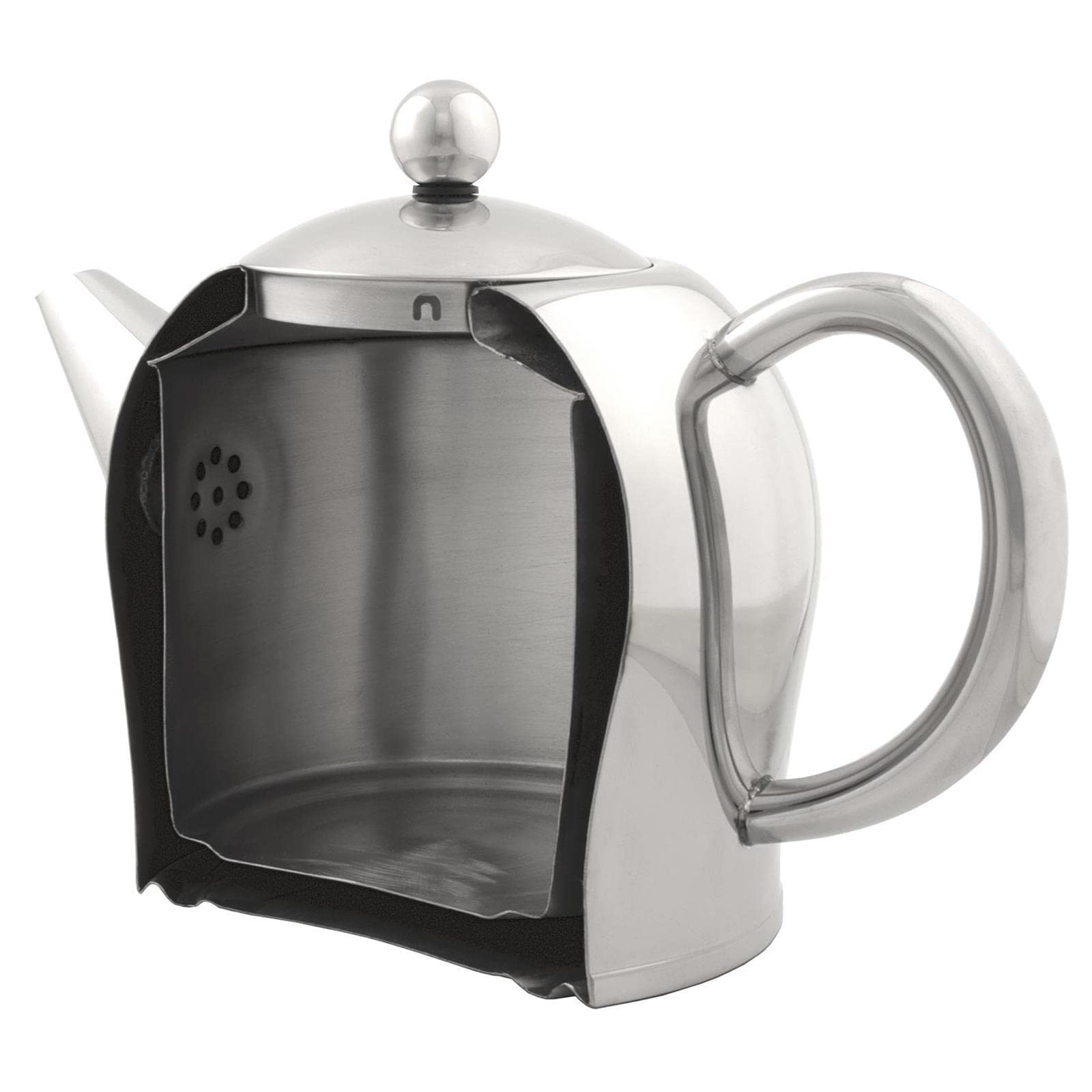 Bredemeijer große matte doppelwandige Edelstahl Teekanne 1.0 Liter & Teebereiter ohne Filter & schwarzer Untersetzer aus Holz