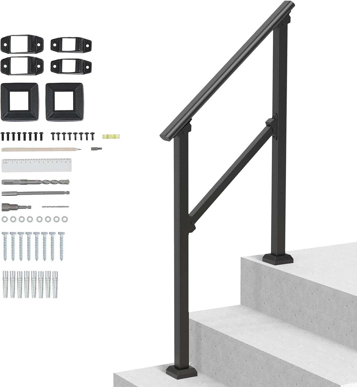 VEVOR Handrails for Outdoor Steps, 2-3 Step Stair Hand Rail Kit, Transitional Carbon Steel Railings with Installation Kit, Stair Rails for Seniors, Concrete Steps & Porch & Deck, Black Square Tube