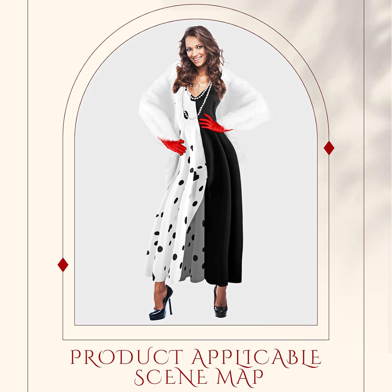 Dalmatian Halloween Woman Costume Set Black and White Suspender Dress White Shawls Red Gloves Pearl Necklace Plastic handheld - Image 2