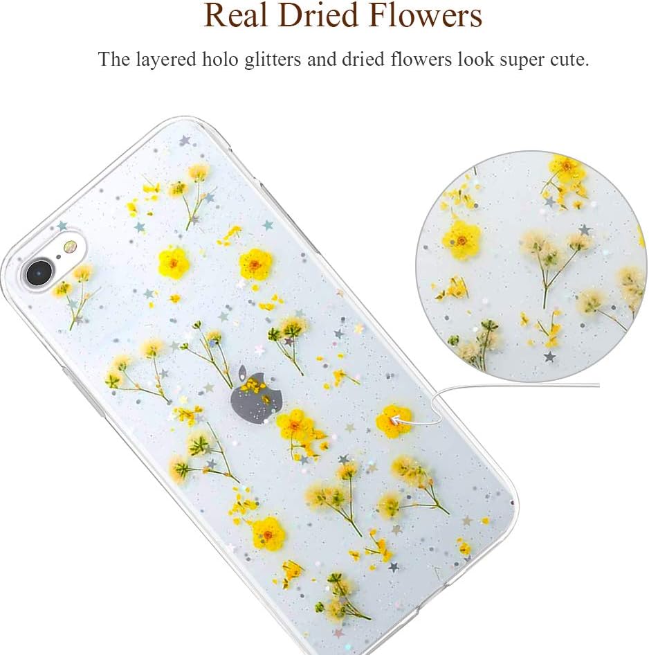 iPhone SE 2020 Case,iPhone 8 Case,iPhone 7 Case for Girls Women, Clear Glitter Floral Flower Cute Design Protective Phone Case Cover with Dry Pressed Real Wildflowers for Apple iPhone SE2/8/7,Yellow