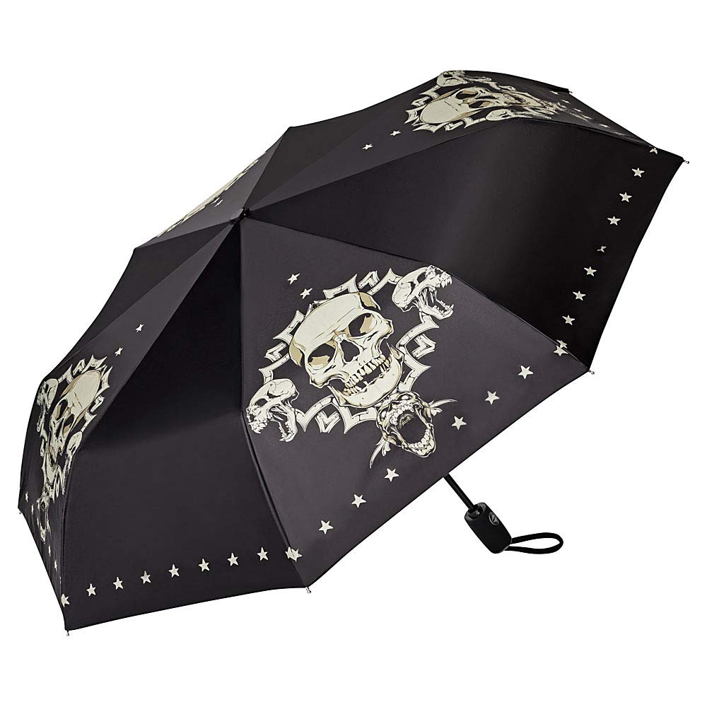VON LILIENFELD Parasol kieszonkowy, czaszka, czaszka, wiatr, automatyczne otwieranie, zamykanie, stabilny, lekki, czarny, D100/L50